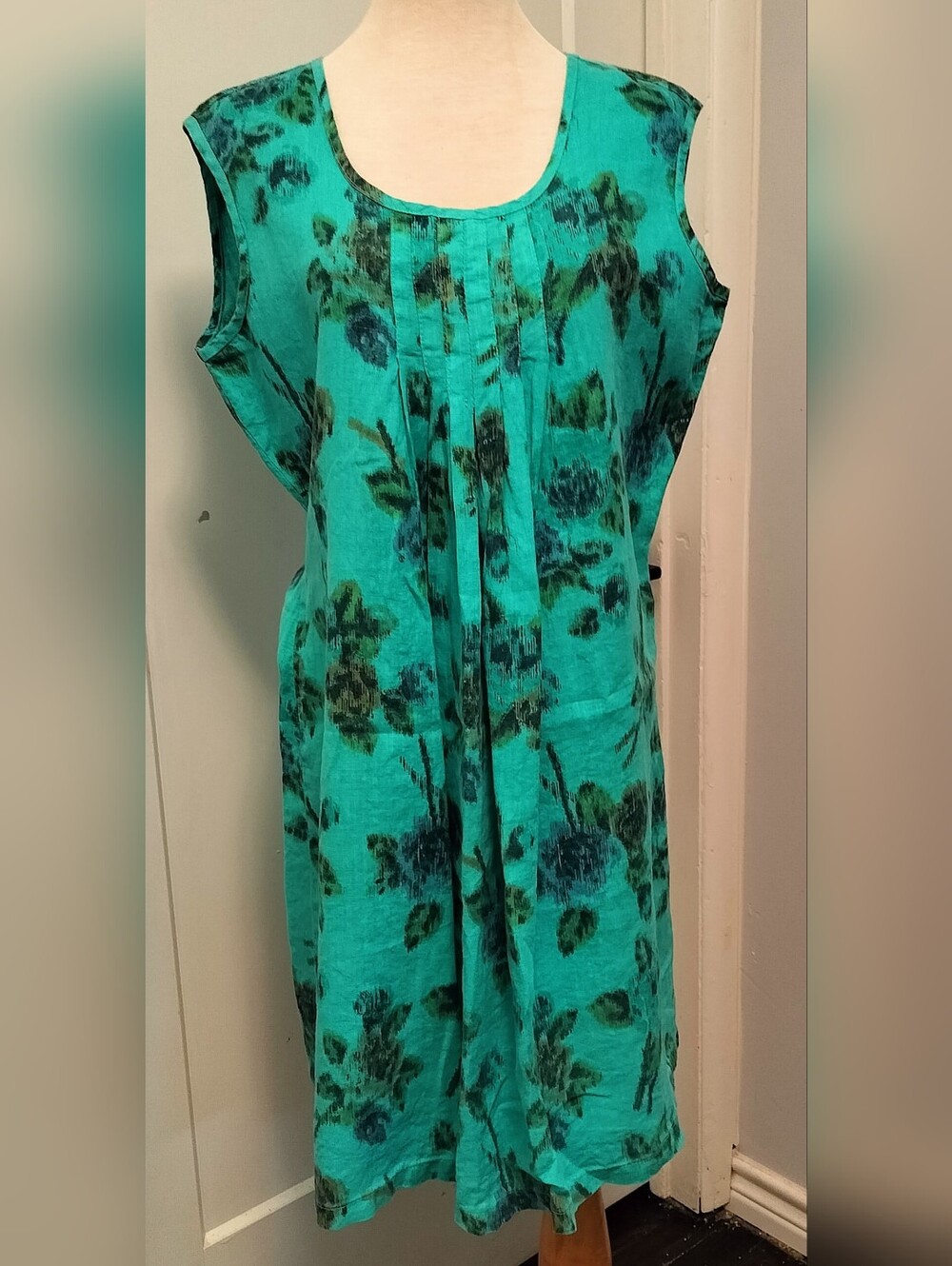 100% Washable Linen Teal Floral Sleeveless Dress By Color Me Cotton